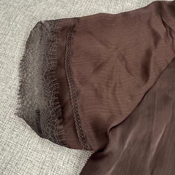 NEW Ryegrass Silky Top Brown Lace Sleeves Round Neck $60 Small Blouse Semi-sheer - Picture 3 of 10